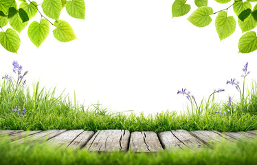 Sticker - a blank fresh, lush green spring, summer product display background template with a rustic wooden be