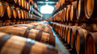 Oak Wine barrels stacked in cellar, winery and brewery scene.
