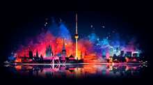 Berlin Skyline, Night, Abstract Illustration In The Style Of An Explainer Video, Geometrical Shapes And Lines Only, Low Detail, White Background