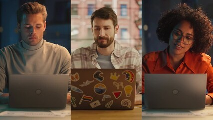 Leinwandbilder - Split Screen Collage of Diverse Group of People Working on Laptops. Multiethnic Professionals, Entrepreneurs, Creators Using Computers, Creating Content, Manging Social Media. Productive Connectivity