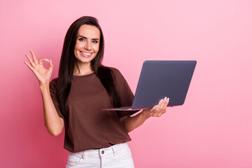 Sticker - Portrait of cheerful business analytic young woman wearing brown t shirt show okey sign with netbook isolated on pink color background