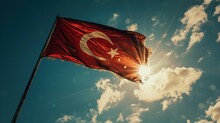 The Flag Of Turkey Flutters In The Wind Against A Bright Blue Sky. Created With Generative Ai Technology.