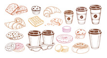 Colorful Sketch Icons Vintage Vector Illustrations Collection Of Bakery And Takeaway Coffee