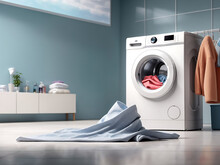 Washing Machine In A Clean Room With Hud And Flying Clothes Design As A Wide Banner With Copy Space Area.