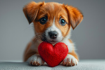 Wall Mural - Cute dog with a red heart for Valentine's Day generative ai 