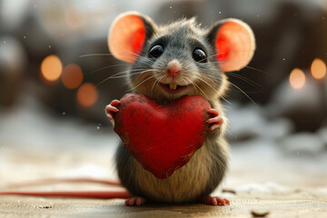 Wall Mural - Cute little mouse with a big red heart for Valentine's Day generative ai