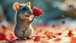 Cute little mouse with a big red rose for Valentine's Day generative ai