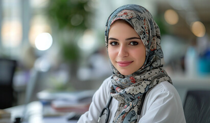 A portrait of muslim arabian female doctor at her desk. Generative AI