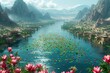 Ariel shot, Pilgrims release lotus flowers into the sacred Nile, honoring both the river and their beliefs. cinematic, unreal engine