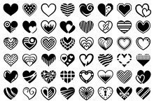 Heart Icon Illustrations Collection. Set With Black Heart Shapes Isolated On White Background. 