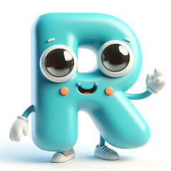 Wall Mural - little cute happy letter R 3d character with bulging eyes on solid a white background. ai generative