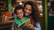 Uma mulher brasileira lendo um livro de historias com seu filho 