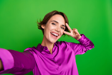 Sticker - Photo of cheerful adorable funny girl dressed trendy clothes touch face v-sign video blog isolated on green color background