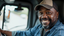 a black male delivery truck driver smiling while working