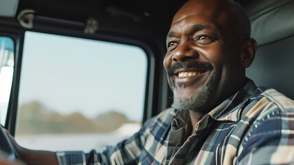 Wall Mural - a black male truck driver smiling while driving a truck