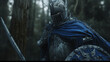  knight with a metal helmet that completely covers his face, with a little armor and fantasy-style blue clothing, carrying a long sword and a shield, in the middle of a forest