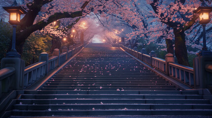 Wall Mural -  just after the rain in the evening, there is a beautiful row of cherry blossom trees next to the long staircase. The branches of the trees extend out of the staircase