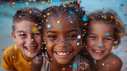 Wall Mural - enfants avec des confettis sur le visage pendant un anniversaire