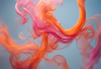 Wall Mural -  Vibrant orange and pink smoke swirls gracefully against a soft blue backdrop, creating an abstract art piece
