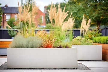 Wall Mural - concrete raised beds filled with ornamental grasses