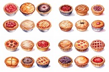 Watercolor Cartoon Illustration Collection Set, Fresh Vintage Mix Berry Tart Pie, Isolated On White Background, Idea For Sticker And Junk Journal Clipart, Generative A