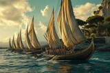 Greek trireme sailing on the ancient Mediterranean, manned by skilled rowers, a majestic Greek trireme sailing with skilled rowers on the ancient Mediterranean waters.