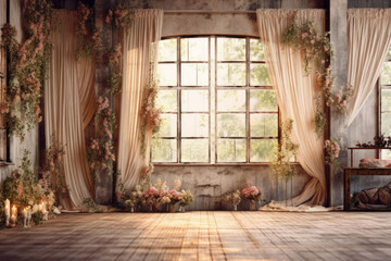 Blank canvas of a soft indoor window curtain photo backdrop, offering endless possibilities for your creative projects and designs