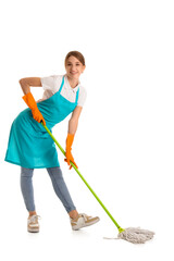 Wall Mural - Female janitor mopping floor on white background