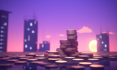 apartament and stack of coins with purple sky background, isometric 3d, octane render. Generative Ai


