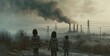 Children and smoke from the chimney of a power plant in winter. AI generated