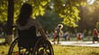Young woman in a wheelchair on a sunny day in the park. AI generated
