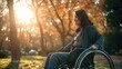 Disabled man sitting in a wheelchair in the park at sunset. AI generated