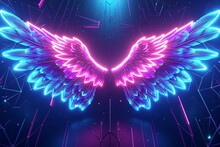 Abstract Neon Angel Wings Illuminated By Pink And Blue Lights On UV Geometric Background - Cyberspace Futuristic Wallpaper