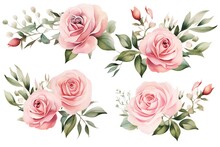 Set Watercolor Flowers Hand Painting, Floral Vintage Bouquets With Pink Roses. Decoration For Poster, Greeting Card, Birthday, Wedding Design. Isolated On White Background.