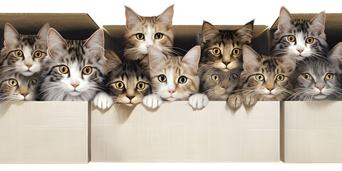 
A bunch of kittens hiding in cardboard boxes poking their heads out
