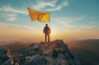 Atop a majestic peak, a triumphant traveler waves a vibrant yellow flag, symbolizing accomplishment and success in conquering life's challenging heights.