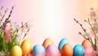 Easter eggs pastel colored and spring flowers on light background.Banner for design with copy space. Generative AI
