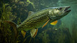 predatory pike fish swims underwater in the river, with an open mouth