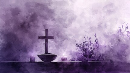 Wall Mural - Artistic watercolor depiction of an Ash Wednesday altar scene, cross of ashes, and purple accents, serene and contemplative atmosphere