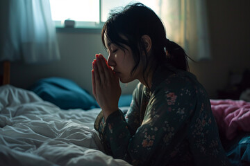 Wall Mural - A woman praying at her bedside, prayer, faith, belief in god concept