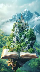 Wall Mural - World book day. Fantasy and literature concept. 3D style Illustration of magical book with fantasy stories inside it.