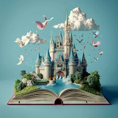 Poster - World book day. Fantasy and literature concept. 3D style Illustration of magical book with fantasy stories inside it. Designed to greeting or celebrate World Book Day.