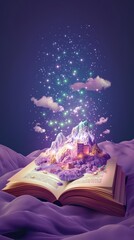 Wall Mural - World book day. Flying Open book with magical book with fantasy stories inside it. Designed to greeting or celebrate World Book Day.