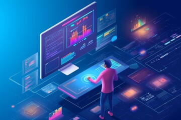 Character design, business people working, using big data, vector graphics concept of people analyzing business statistics