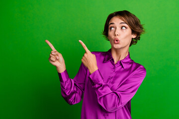 Sticker - Photo of astonished lady wear magenta stylish clothes showing special seasonal discount empty space isolated on green color background