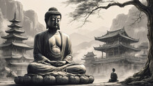 Black And White Illustration Of Monk Sitting At Tree And Meditating Near To Big Buddha Statue,rocks, Mountains And Temples, Generative AI