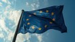 © ViktoGraphics - The flag of EU flutters in the wind against a bright blue sky. Created with Generative Ai technology.