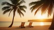tropical palm trees on the sandy ocean shore with wooden sunbeds against the background of the sky with the setting sun with a free place to insert text
