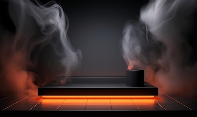 Wall Mural - Empty podium for products display with smoke and neon light wall, 3d rendering, unreal engine. Generative Ai
