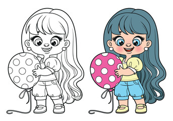 Poster - Cute cartoon longhaired girl with a big polka dot balloon color vad outlined for coloring page